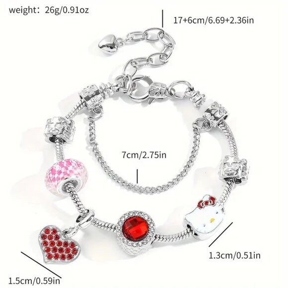 Charm Bracelet Hello Kitty Rhinestone Blue Red Double Emo Stylish Trendy Glam - Picture 6 of 6